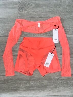 ALO Yoga Candy Coral Bike Shorts and Shrug Set